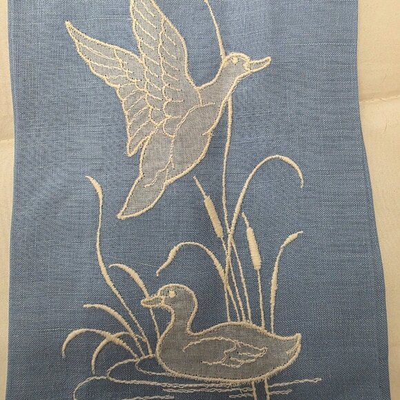 Vintage Blue Embroidered Duck Tea Towels– Set of 2, Handcrafted Linen, Farmhouse - Picture 4 of 5